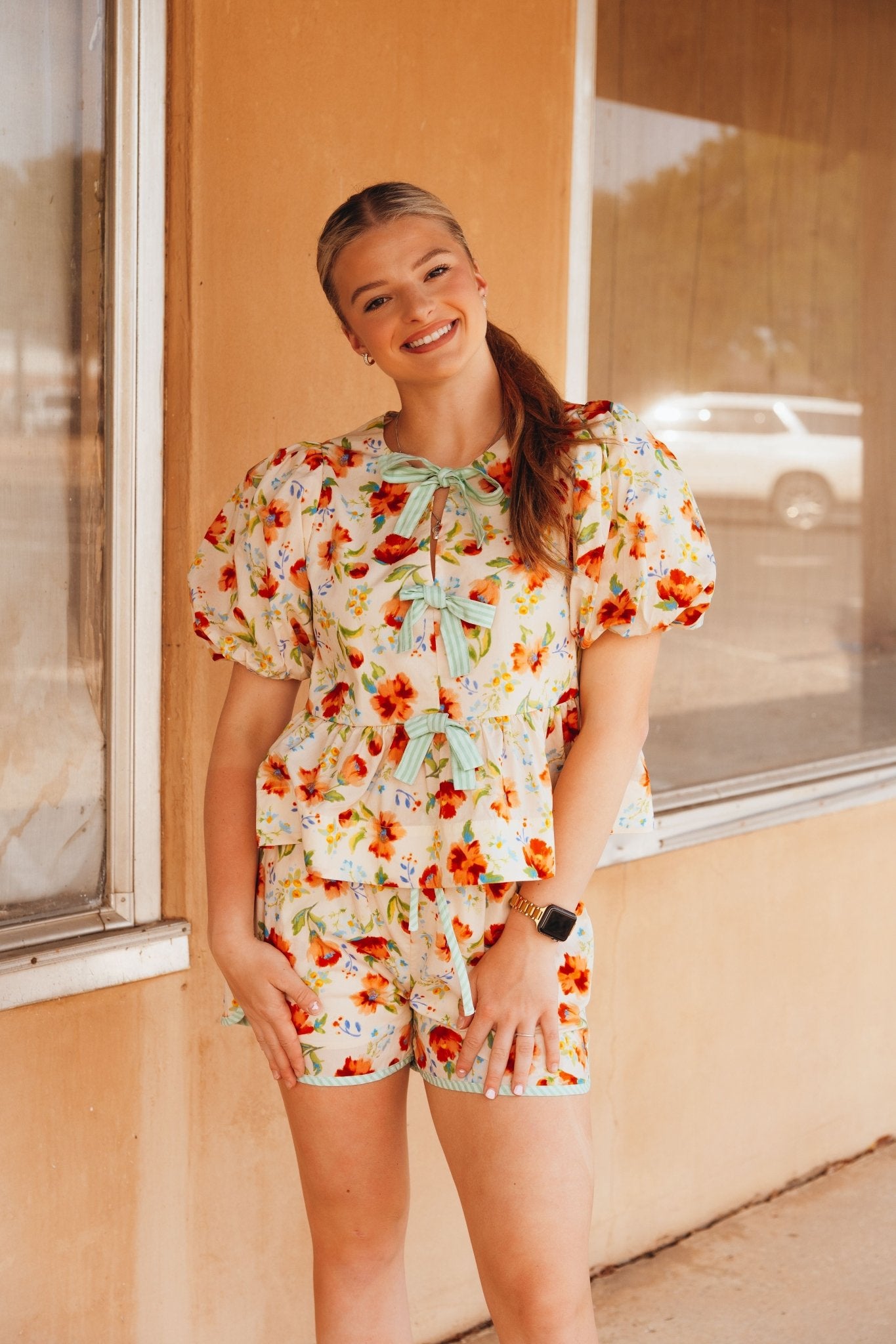 Orange/Ecru Floral Print Shorts P25655 - Southern Soule Designs