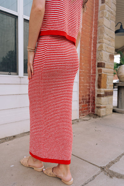 Red/White Striped Sleeveless Top and Maxi Skirt Set IST5872