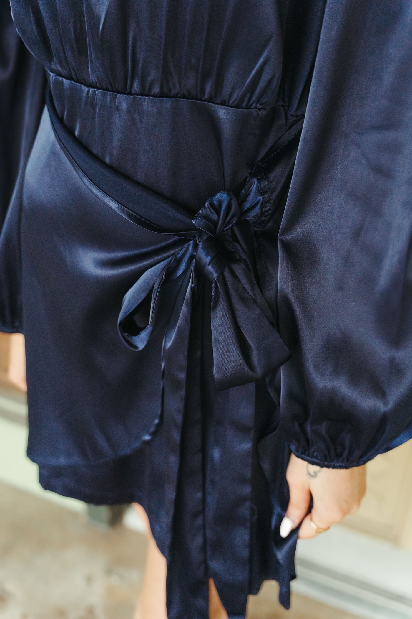 Navy Satin Long Sleeve Front Layered Tie Dress CD05220