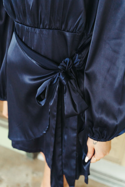 Navy Satin Long Sleeve Front Layered Tie Dress CD05220