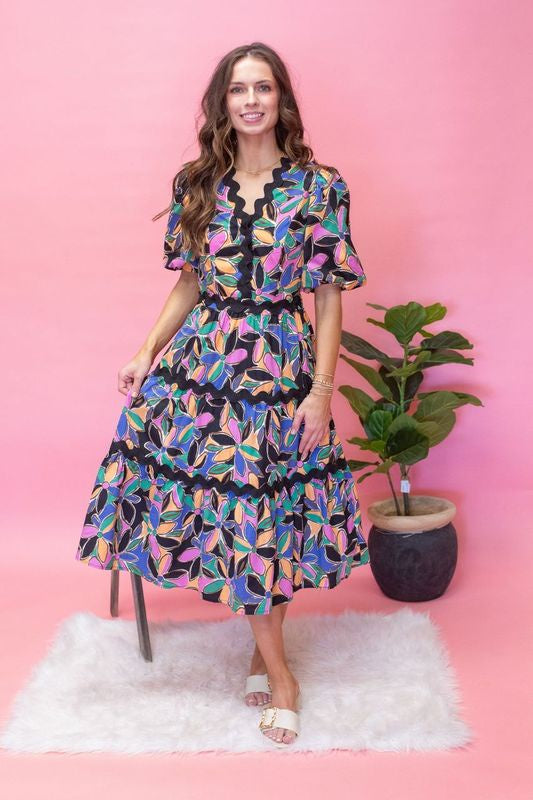 Multi Printed Ric Rac Dress UD2036