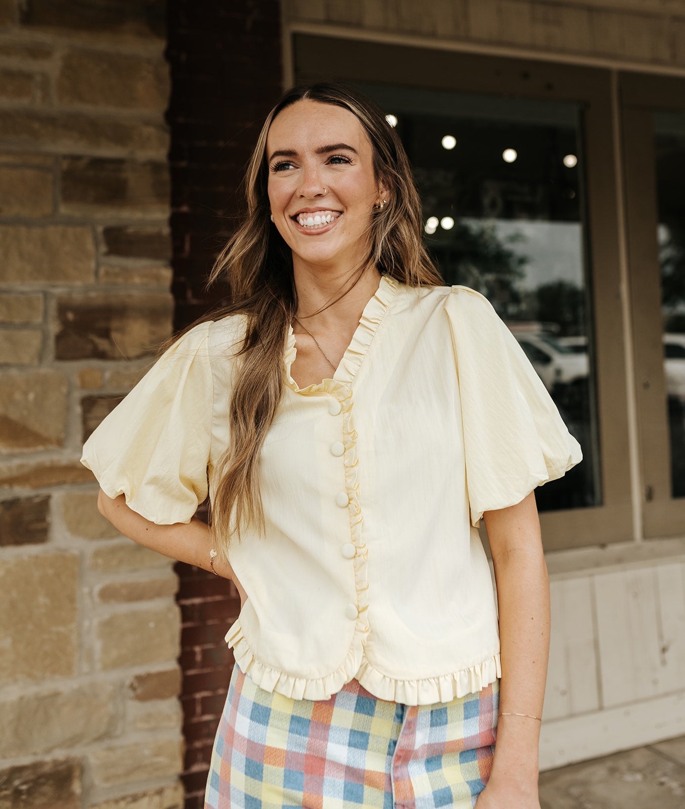 Pale Banana Ruffle Detail Bubble Sleeve Top VB119838 - Southern Soule Designs