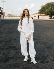 Pale Beige Leaf Printed Fleece Sweatpants - Southern Soule Designs