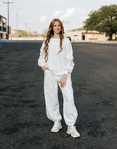Pale Beige Leaf Printed Fleece Sweatpants - Southern Soule Designs
