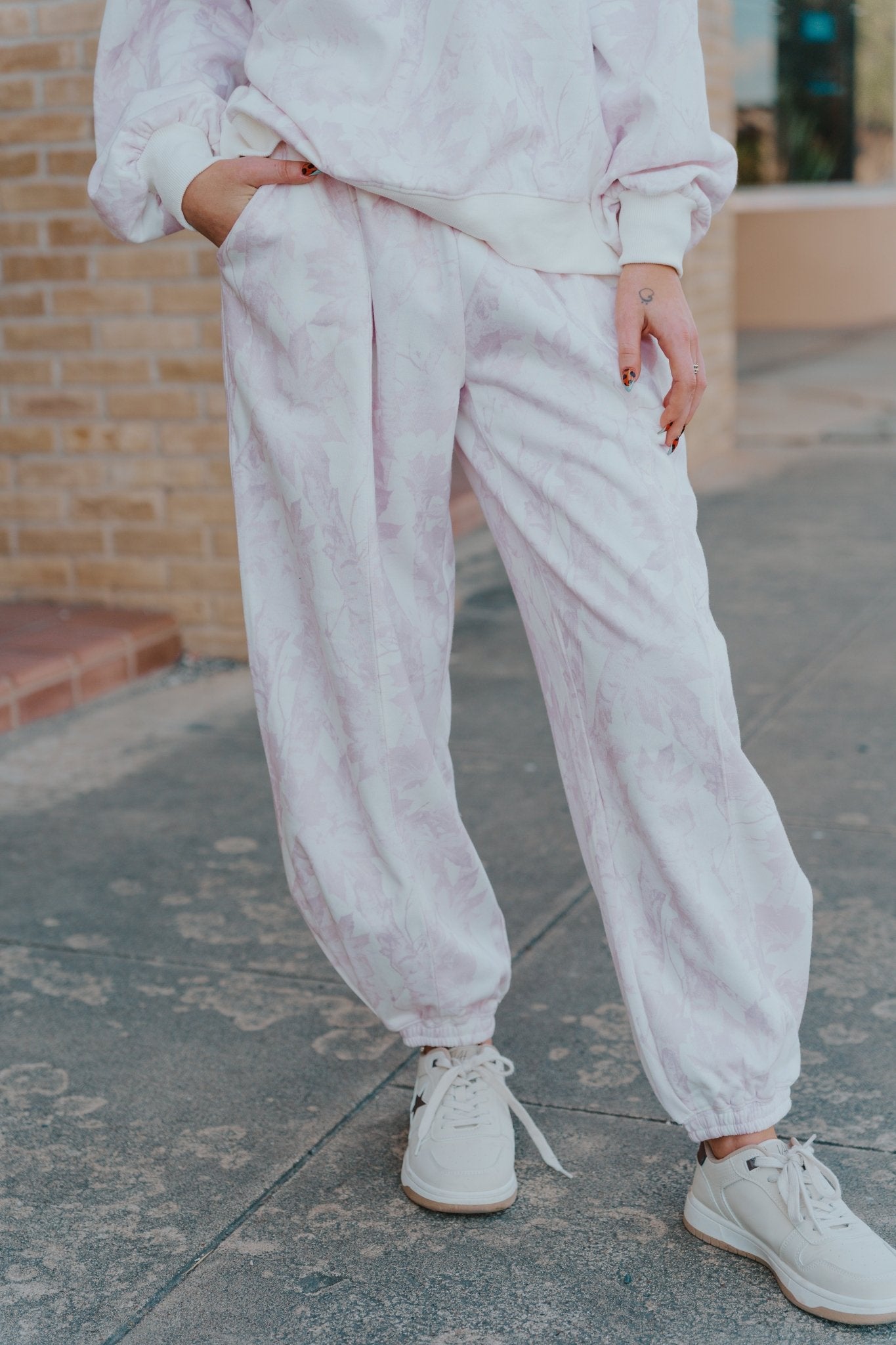 Pale Pink Leaf Printed Fleece Sweatpants - Southern Soule Designs