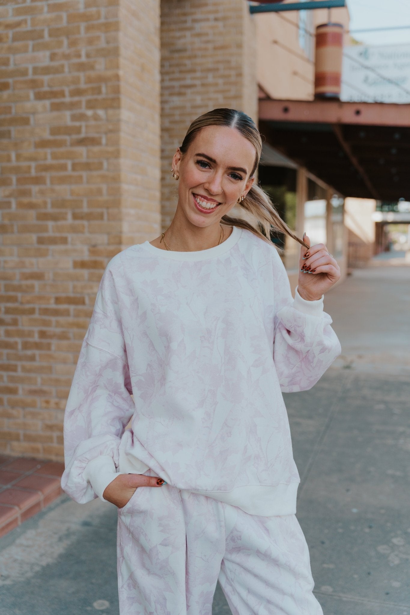 Pale Pink Leaf Printed Fleece Sweatshirt - Southern Soule Designs