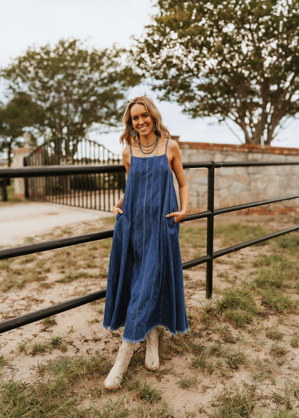 Paneled A-Lined Back Tie Denim Maxi Dress LD1542-WCT Paneled A-Lined Back Tie Denim Maxi Dress LD1542-WCT