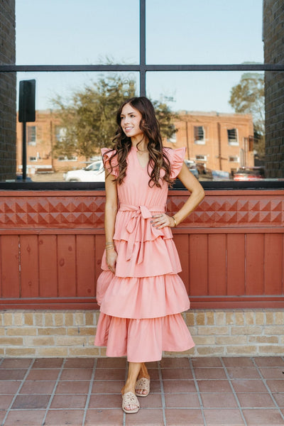 Peach Flutter Sleeve Belted Maxi Dress 1236D - Southern Soule Designs