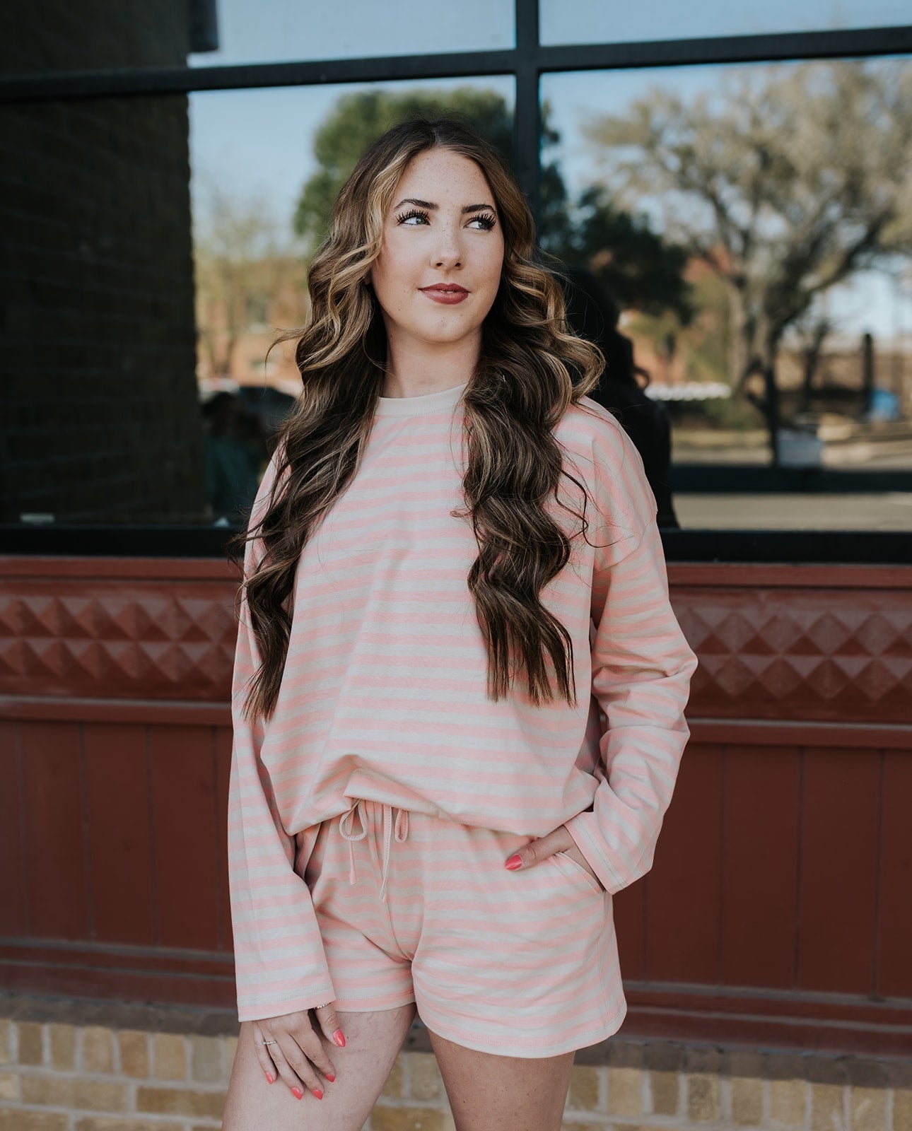 Peach/Mocha Striped Knit Top & Short Set WL25 - 12421 - Southern Soule Designs