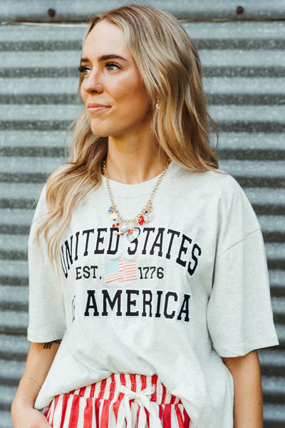 Pearl Grey United States of America Embroider Flag Tee - Southern Soule Designs