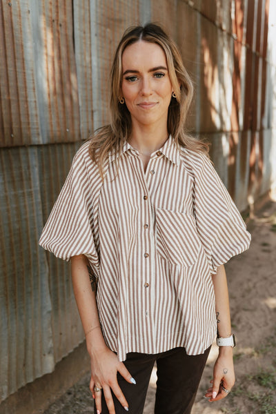 Pecan Striped Bubble Sleeve Button Down Top MTP3329 - Southern Soule Designs