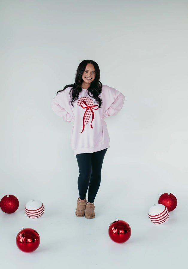 Pink Candy Cane + Bow Sweatshirt - Southern Soule Designs