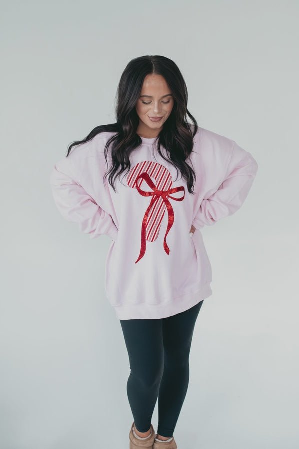 Pink Candy Cane + Bow Sweatshirt - Southern Soule Designs
