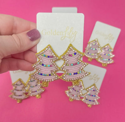 Pink Christmas Tree Sparkle Earrings - Southern Soule Designs