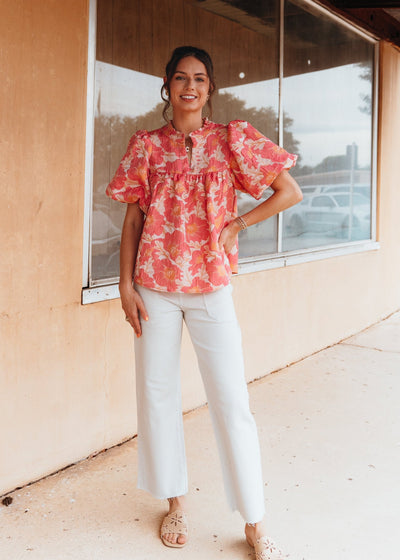 Pink Coral Floral Satin Weave Babydoll Top IT17976 - Southern Soule Designs