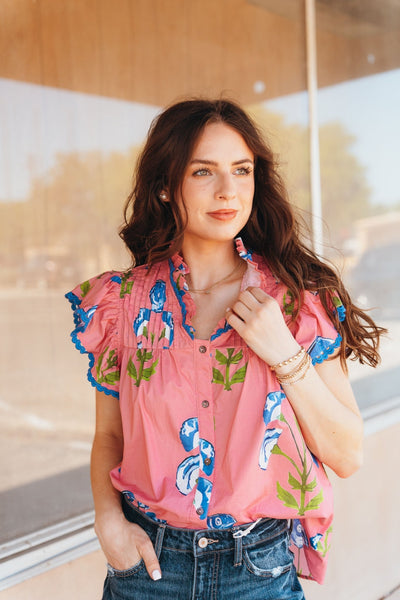 Pink Floral Ruffle Sleeve Top T26121 - Southern Soule Designs