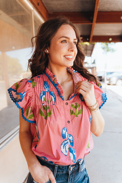 Pink Floral Ruffle Sleeve Top T26121 - Southern Soule Designs