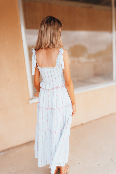 Pink Flower Embroidered Tie Front Tiered Maxi Dress LD1546 - PNK - Southern Soule Designs