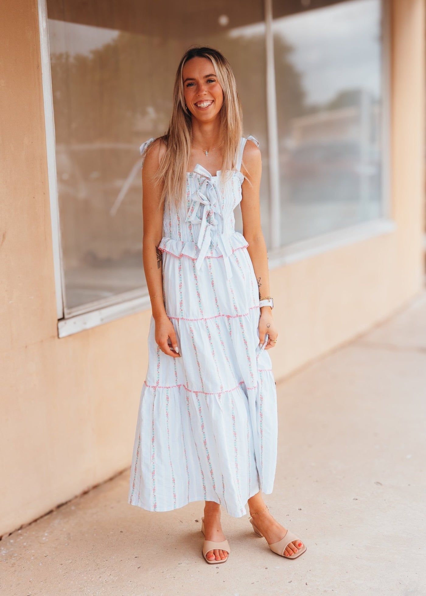 Pink Flower Embroidered Tie Front Tiered Maxi Dress LD1546 - PNK - Southern Soule Designs