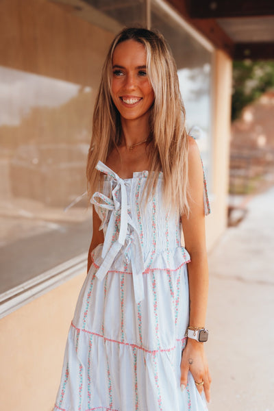 Pink Flower Embroidered Tie Front Tiered Maxi Dress LD1546 - PNK - Southern Soule Designs