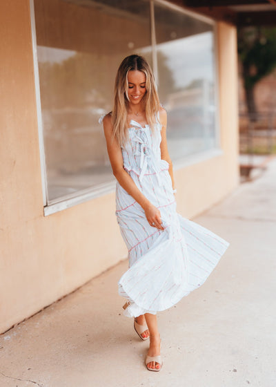 Pink Flower Embroidered Tie Front Tiered Maxi Dress LD1546 - PNK - Southern Soule Designs