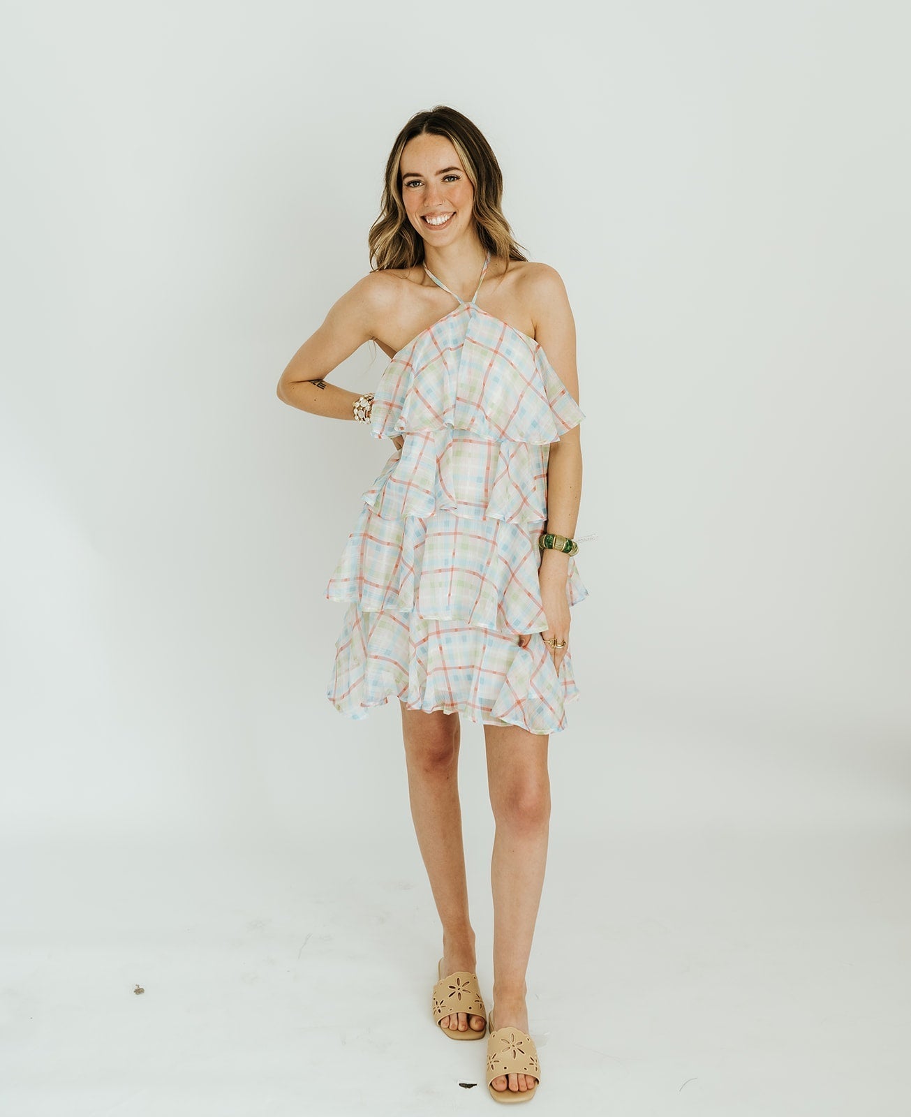 Pink Pastel Plaid Ruffle Halter Dress CD06799 - Southern Soule Designs