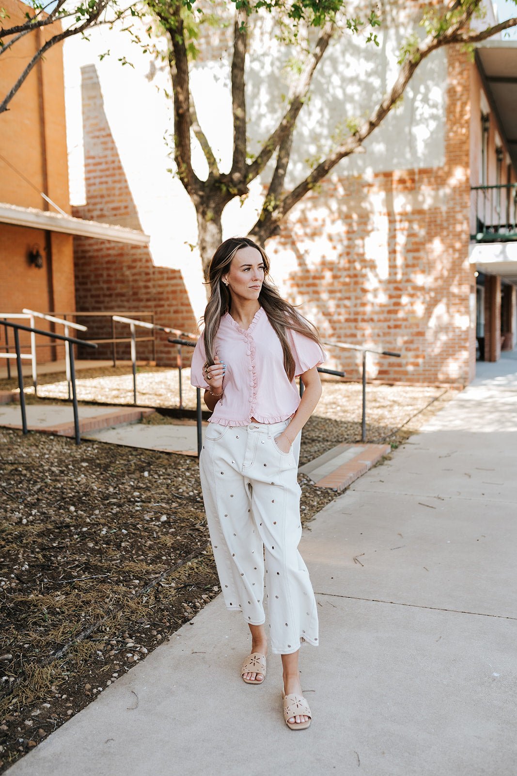 Pink Ruffle Detail Bubble Sleeve Top VB119838 - Southern Soule Designs