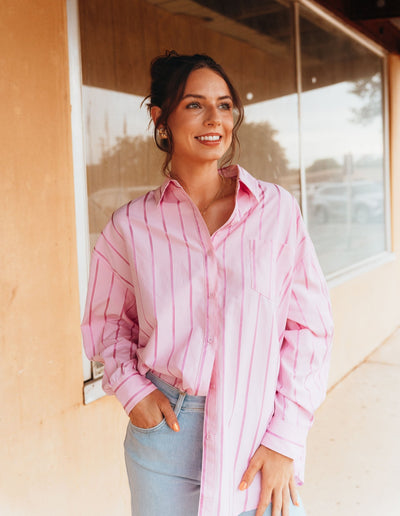 Pink Striped Oversized Shirt TBT13998 - Southern Soule Designs