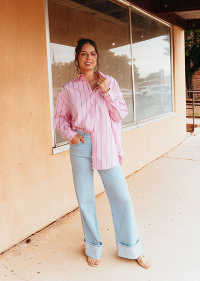 Pink Striped Oversized Shirt TBT13998 - Southern Soule Designs