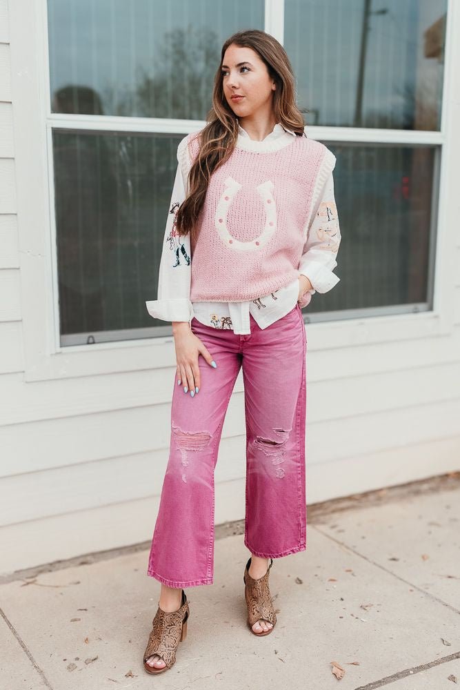 Pink Wild Woven Horseshoe Sweater Vest 09 - 0262 - Southern Soule Designs