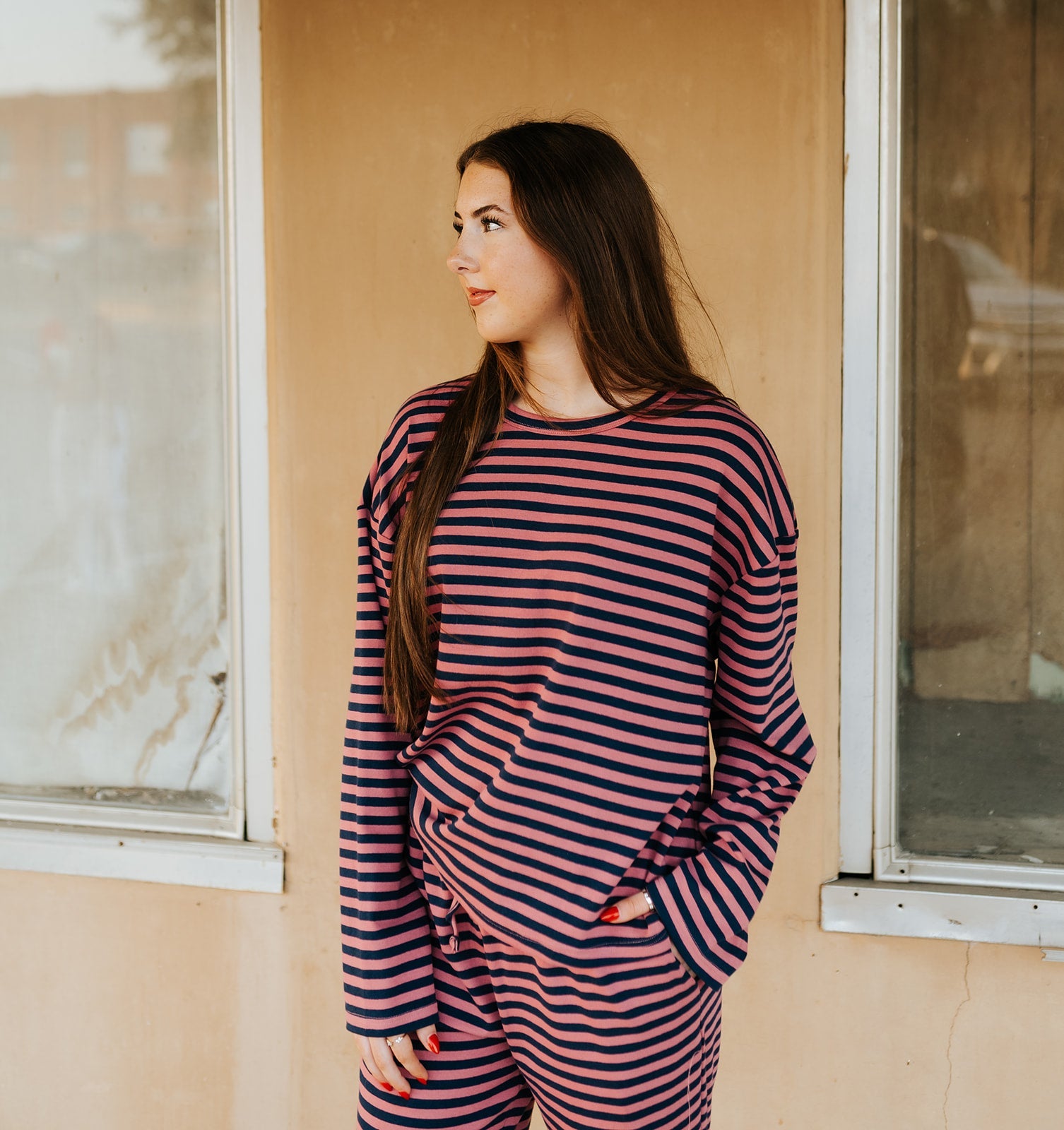 Pink/Navy Long Sleeve Top + Wide Leg Pants - Southern Soule Designs