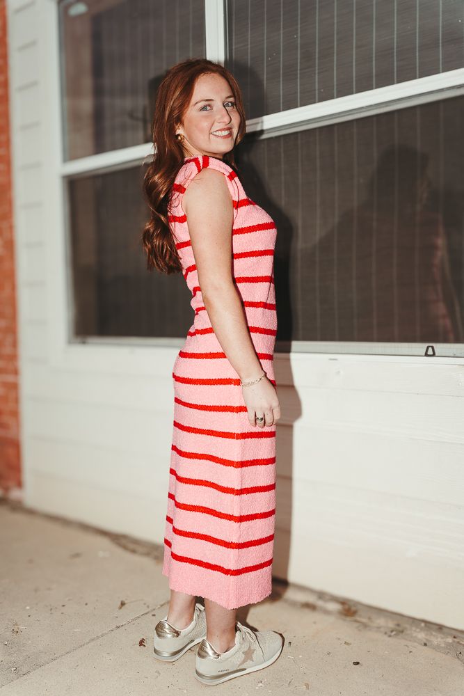 strapless open back dress Pink/Red Sleeveless Striped Knit Dress DK-4665-H Medium
