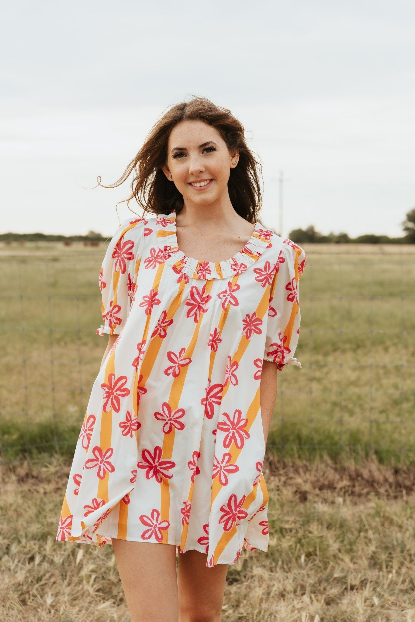 Pink/Yellow Flower Print Mini Dress with Puff Sleeves IFD64025 - 01 - Southern Soule Designs