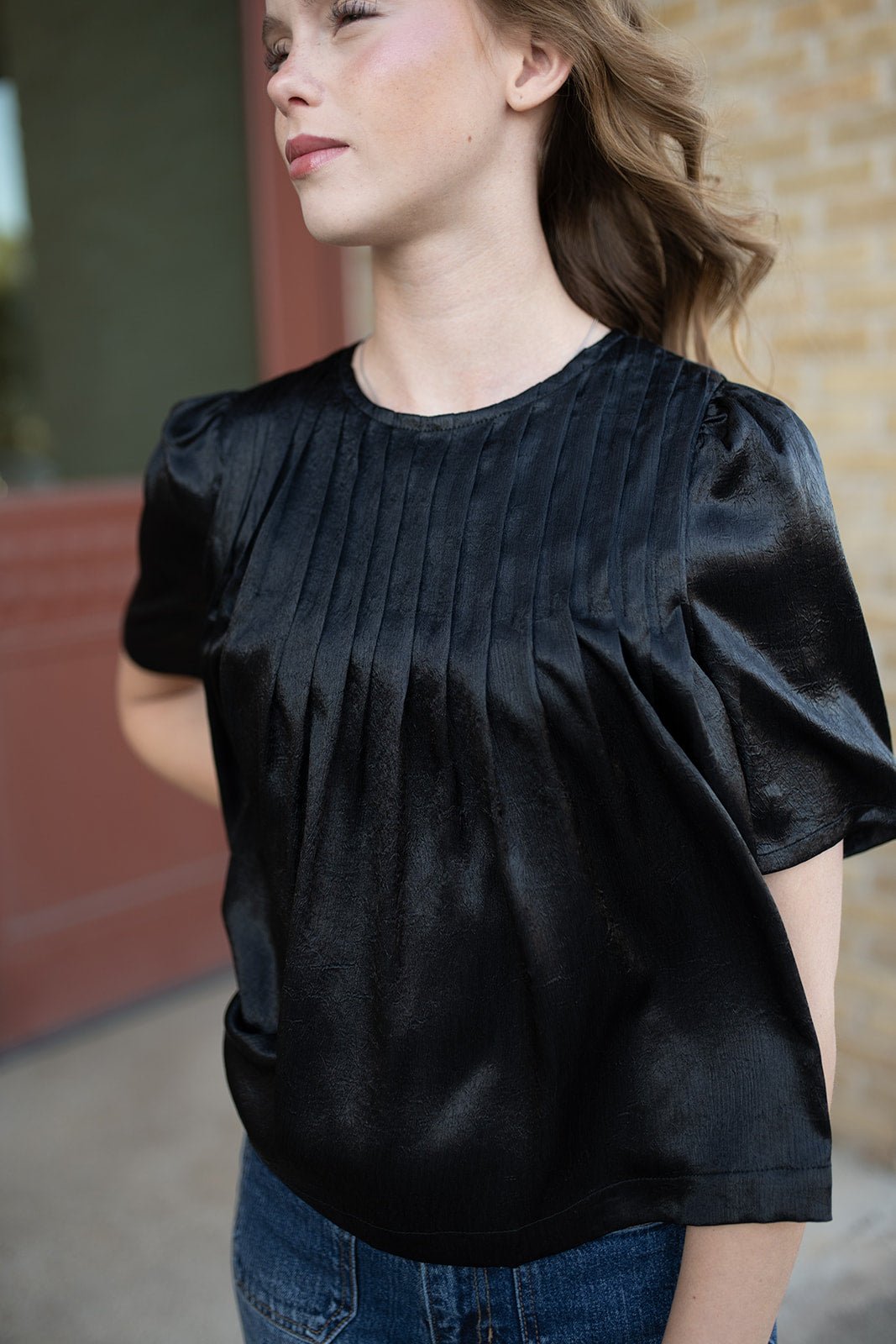 Pleated Detail Black Metallic Top - Southern Soule Designs