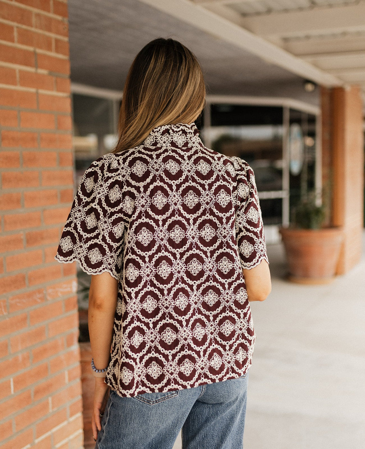Plum Embroidered Scallop Puff Sleeve Top T32383 - Southern Soule Designs