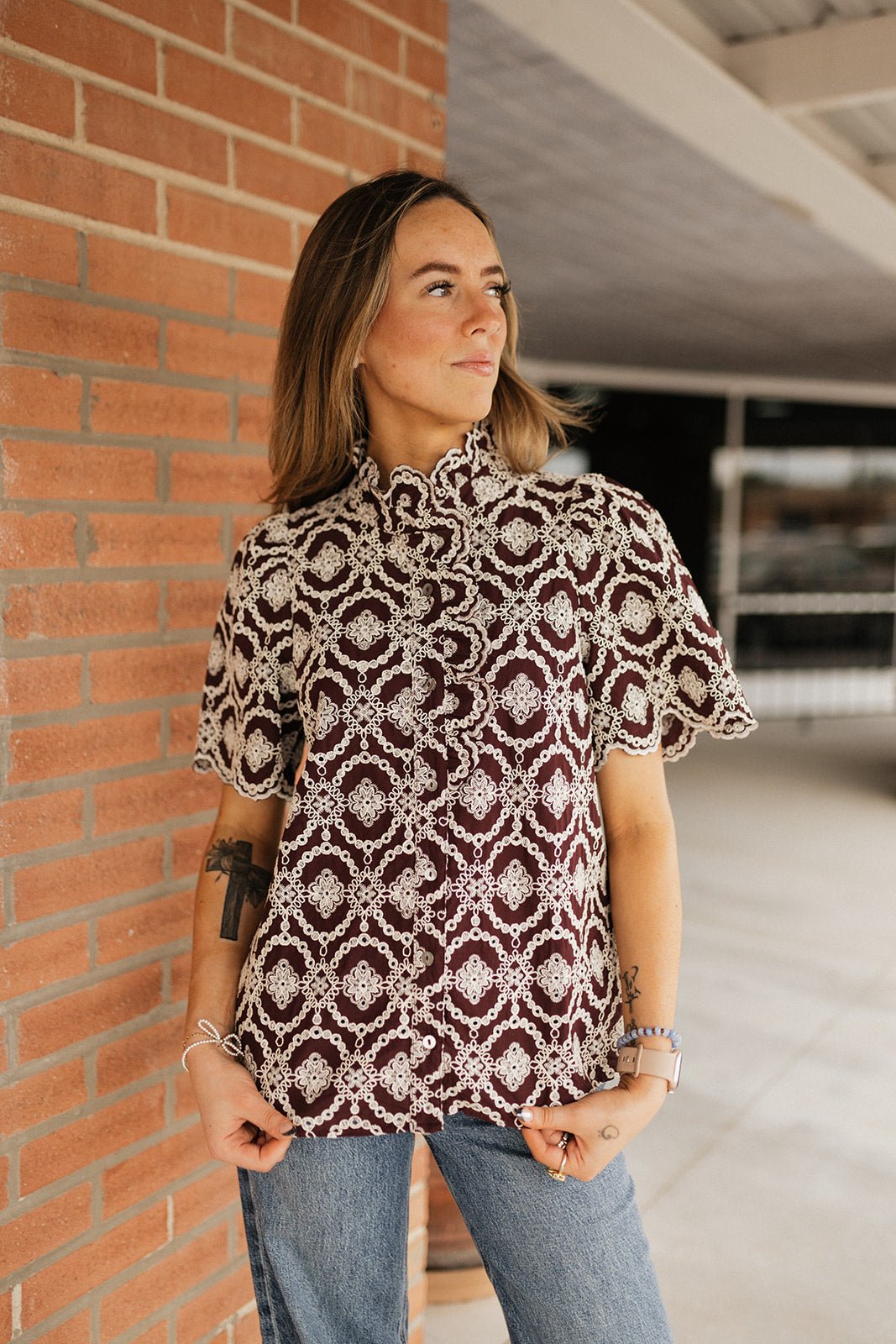 Plum Embroidered Scallop Puff Sleeve Top T32383 - Southern Soule Designs