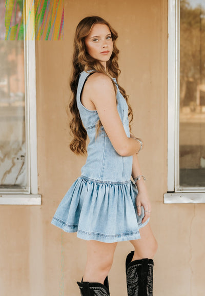 Prague Light Wash Denim Mini Dress N1905D - 1 - Southern Soule Designs