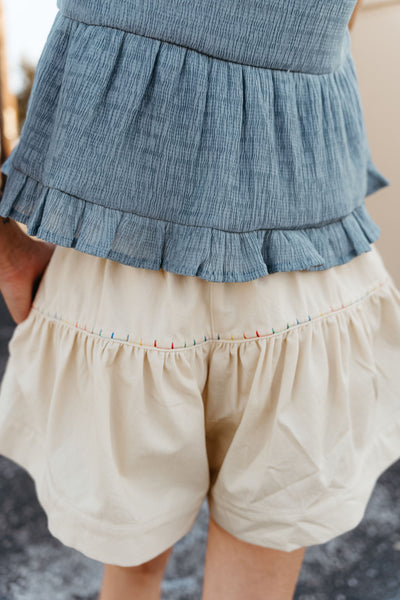 Ivory High Rise Tiered Denim Shorts with Embroidery IP47377-01