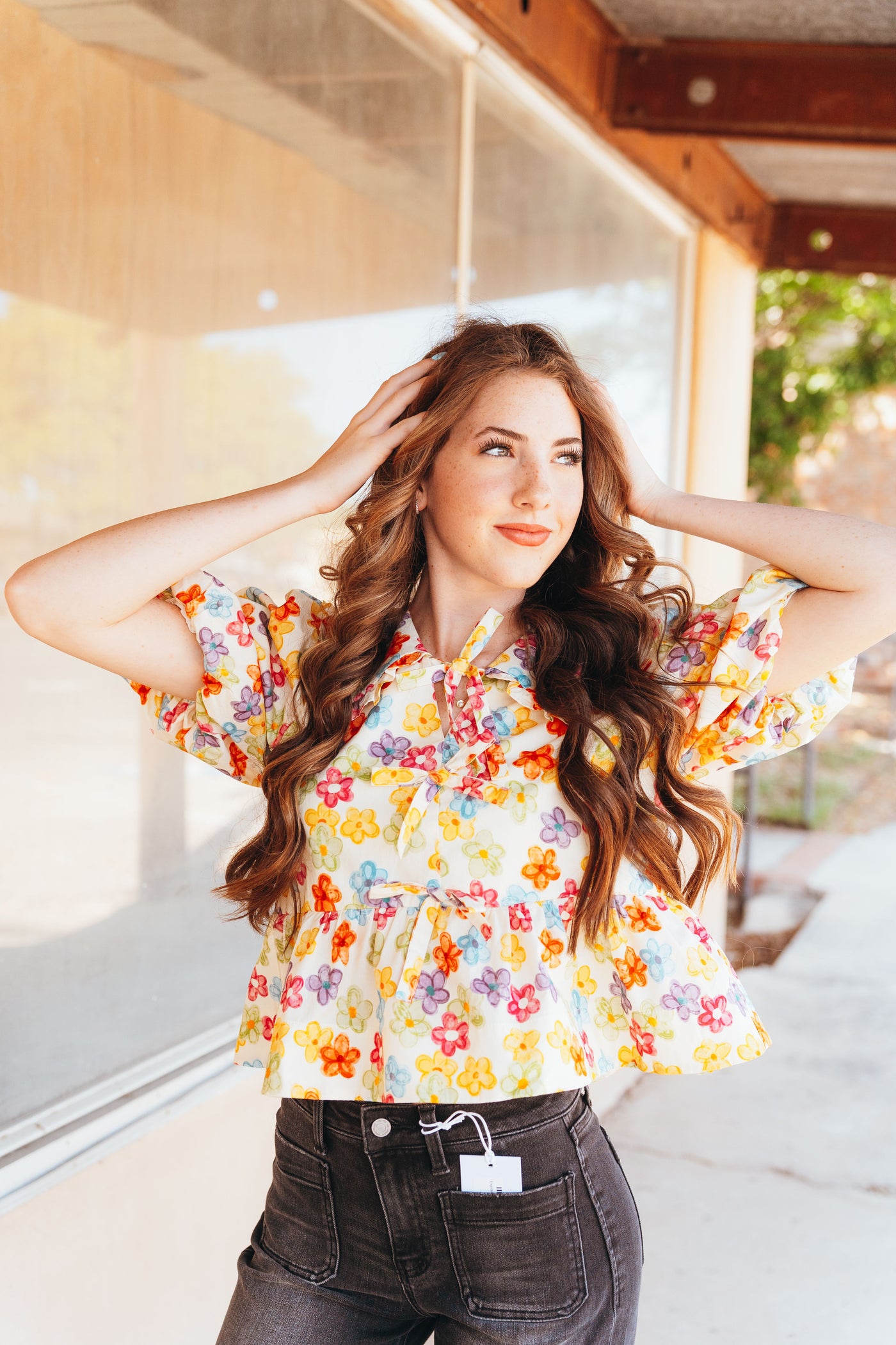 Multi Floral Short Bubble Sleeve Top T25777