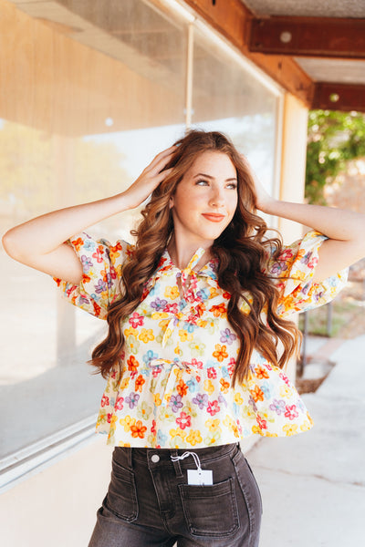 Multi Floral Short Bubble Sleeve Top T25777
