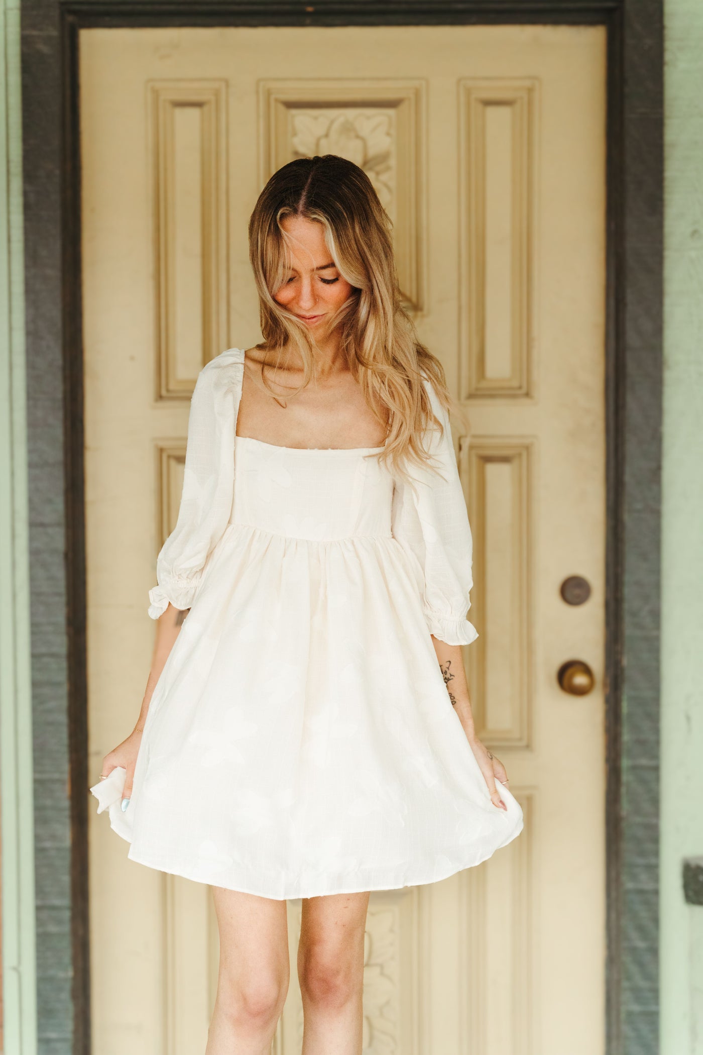 Cream Ruffled Short Puff Sleeve Babydoll Dress ID6498-A