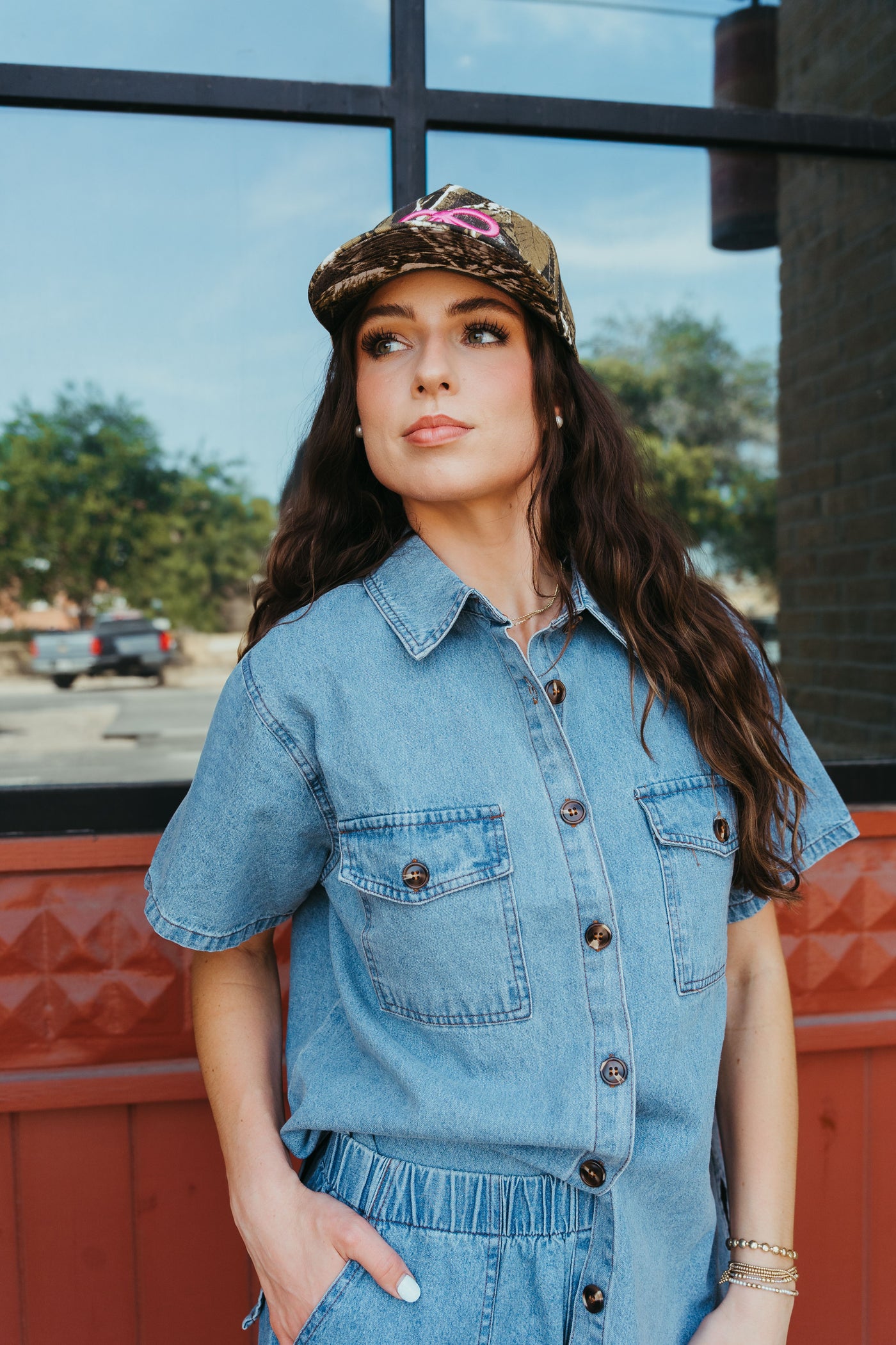 Blue Denim Button Down Top with Slit Hem T26291