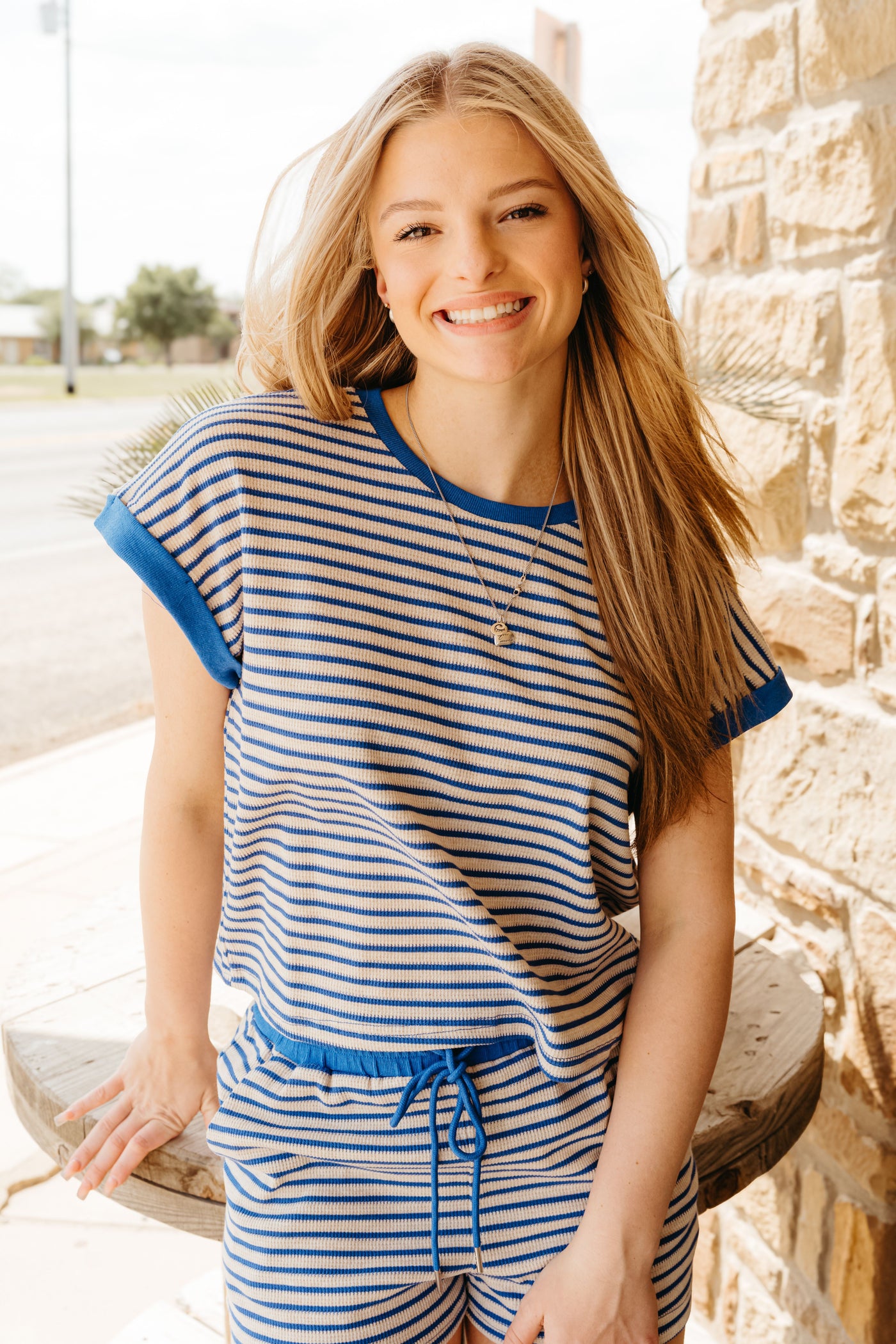 Royal Blue Striped Short Sleeve Top TK11500