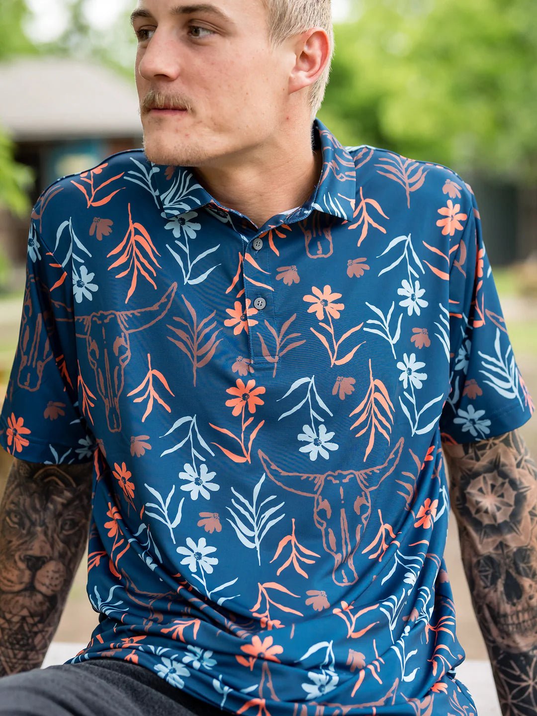 Raised by Coyotes Skulls and Daisies Polo - Southern Soule Designs