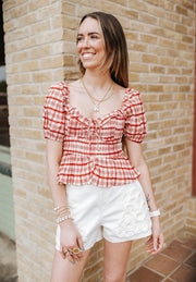 Red Clemence Plaid Blouse S1964T-4 - Southern Soule Designs