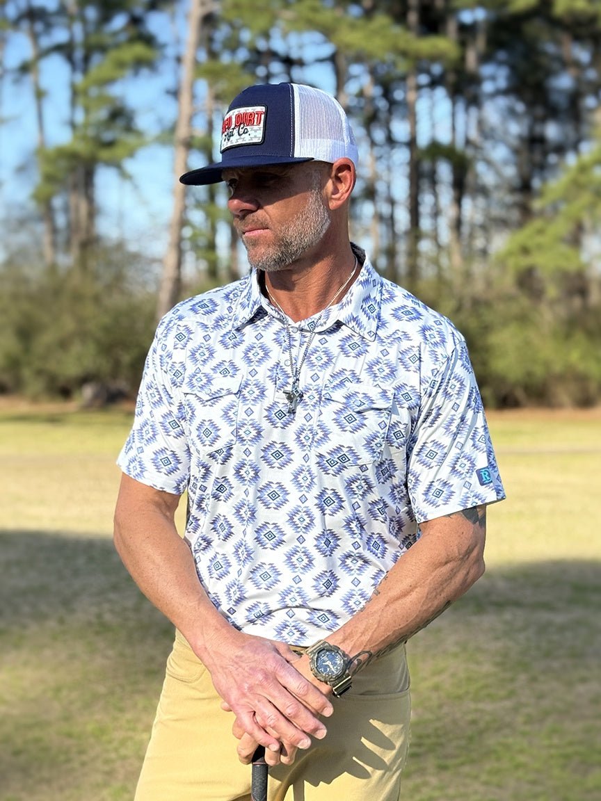 Red Dirt Polo Short Sleeve Shirt Blue/White Aztec - Southern Soule Designs