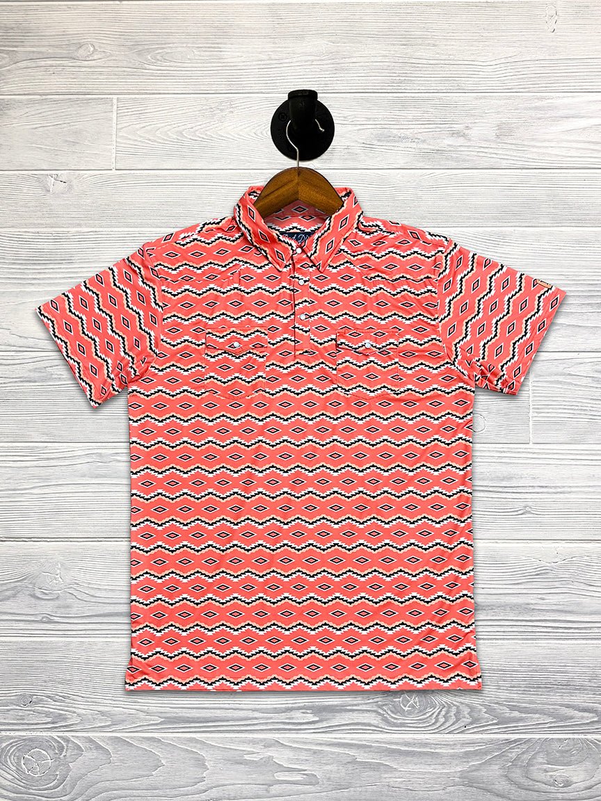 Red Dirt Polo Short Sleeve Shirt Coral Aztec - Southern Soule Designs