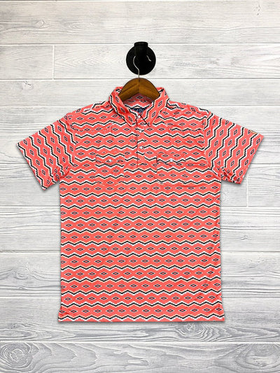 Red Dirt Polo Short Sleeve Shirt Coral Aztec - Southern Soule Designs