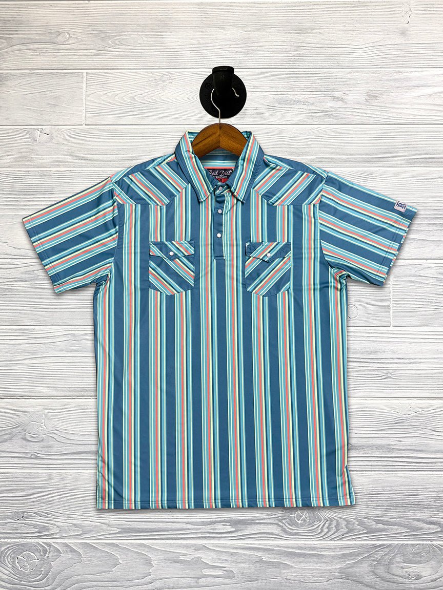 Red Dirt Polo Short Sleeve Shirt Teal/Coral Striped - Southern Soule Designs