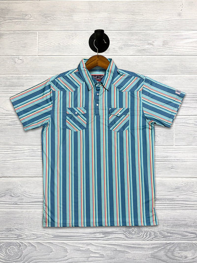 Red Dirt Polo Short Sleeve Shirt Teal/Coral Striped - Southern Soule Designs